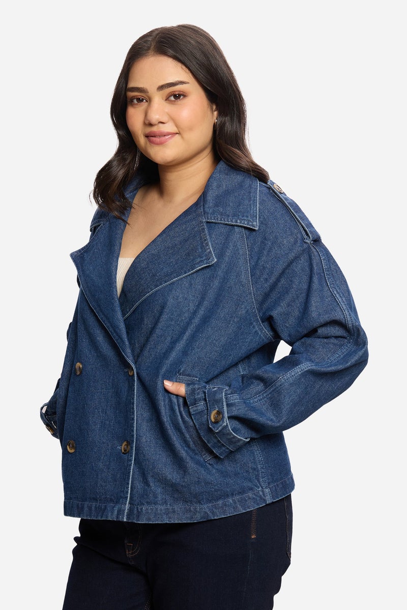 Virgio Solid Cotton Denim Plus Size Blazer for Women - Image 3