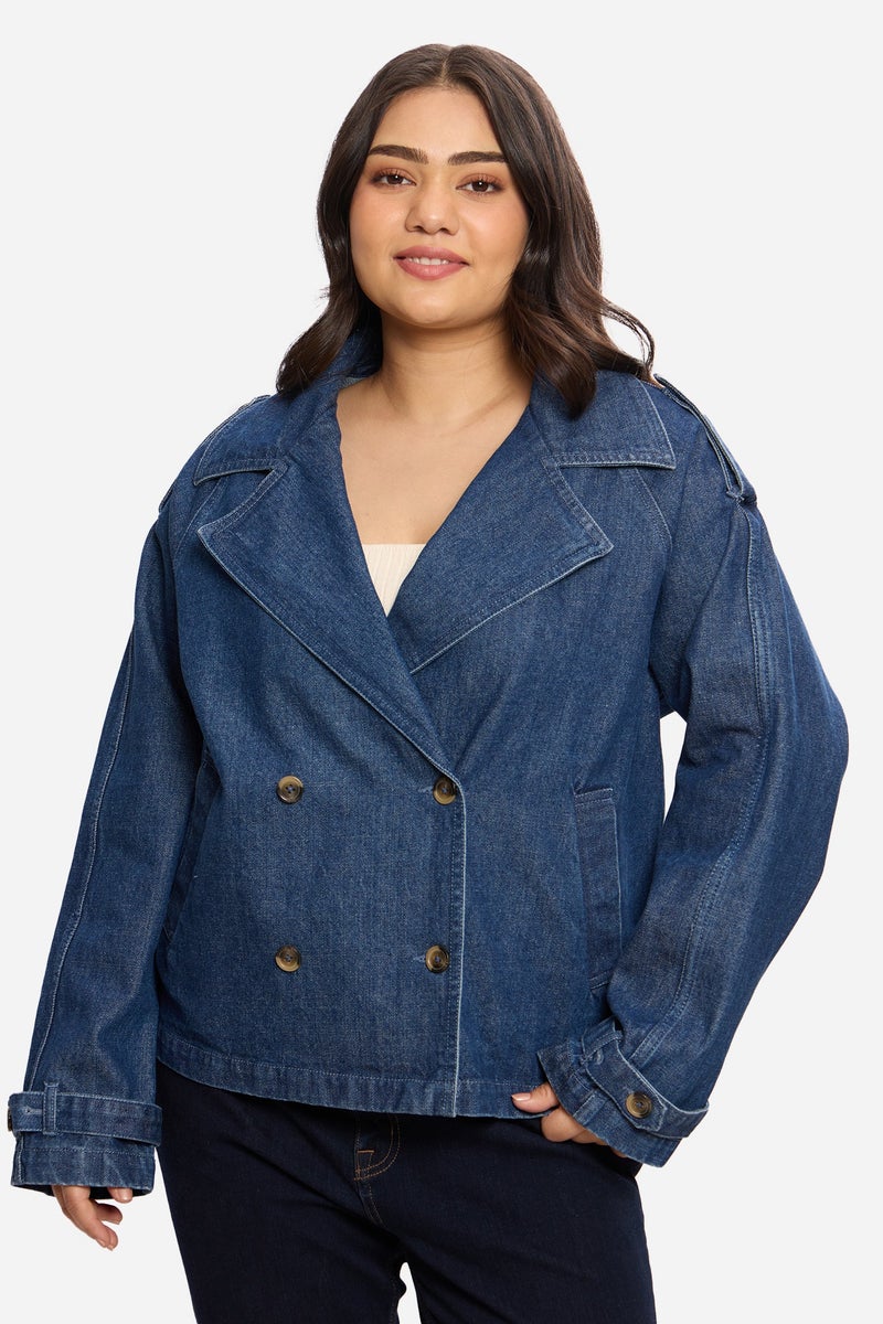 Virgio Solid Cotton Denim Plus Size Blazer for Women - Image 2