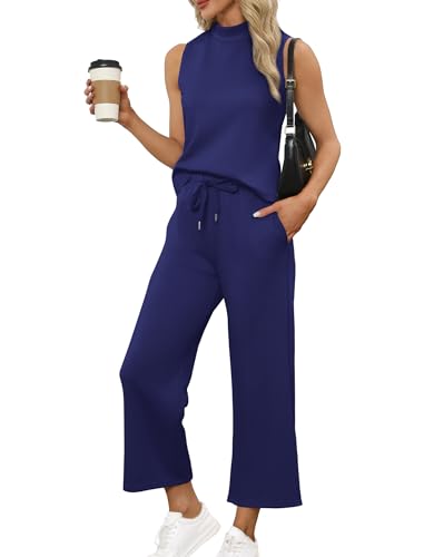 Sampeel Lounge Sets for Women 2 Piece 2024 Summer Casual Travel Ladies Loungewear Set Business Casual Outfits Work High Neck Tops Sweat Set Royal Blue XL - Image 1