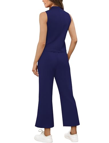Sampeel Lounge Sets for Women 2 Piece 2024 Summer Casual Travel Ladies Loungewear Set Business Casual Outfits Work High Neck Tops Sweat Set Royal Blue XL - Image 5