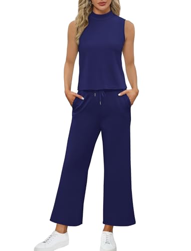 Sampeel Lounge Sets for Women 2 Piece 2024 Summer Casual Travel Ladies Loungewear Set Business Casual Outfits Work High Neck Tops Sweat Set Royal Blue XL - Image 3