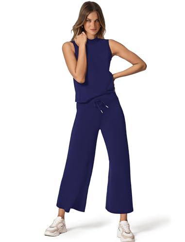 Sampeel Lounge Sets for Women 2 Piece 2024 Summer Casual Travel Ladies Loungewear Set Business Casual Outfits Work High Neck Tops Sweat Set Royal Blue XL - Image 2