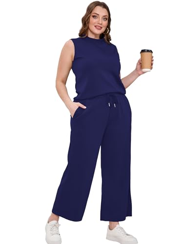 Sampeel Lounge Sets for Women 2 Piece 2024 Summer Casual Travel Ladies Loungewear Set Business Casual Outfits Work High Neck Tops Sweat Set Royal Blue XL - Image 4