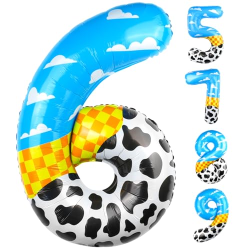 AXBMM 40 Inch Number 6 Balloon Blue Clouds Toy Cartoon Story Inspired Supplies for Birthday Garland Arch Kit Farm Party Favor - Image 1