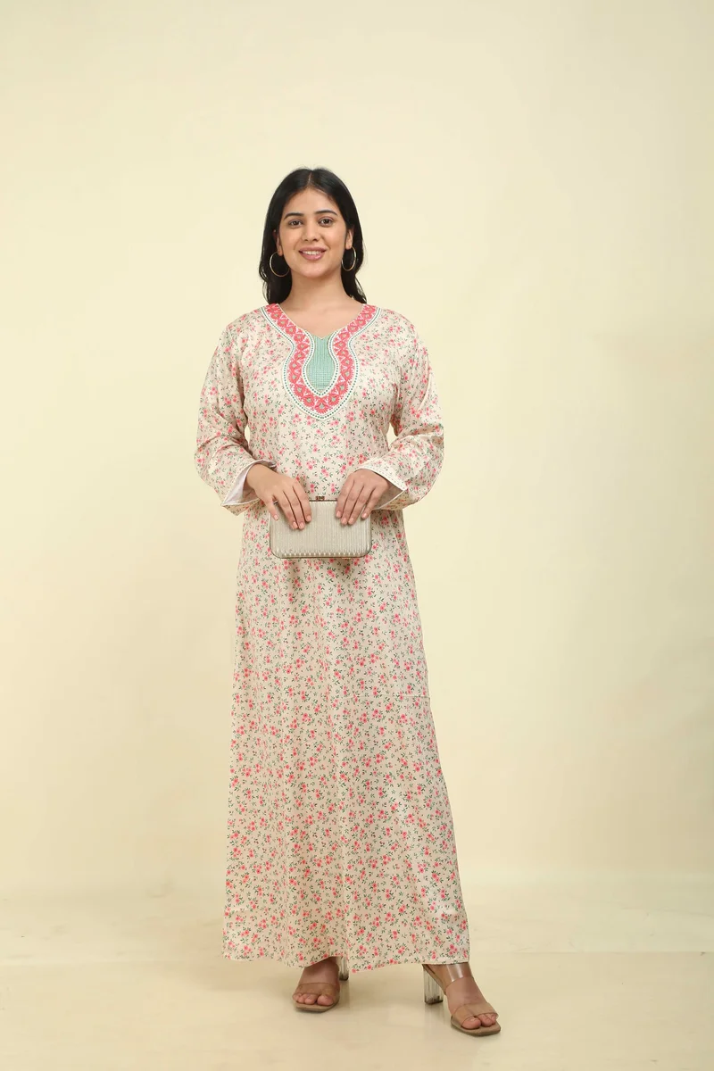 HANA & SARA Arabic Floral Printed Jalabiya for Women – Embroidered Yoke Traditional Long Dress