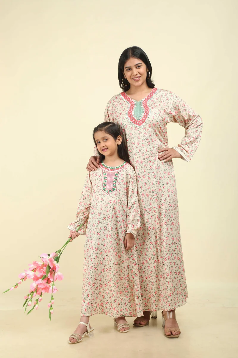 HANA & SARA Arabic Floral Printed Jalabiya for Women – Embroidered Yoke Traditional Long Dress