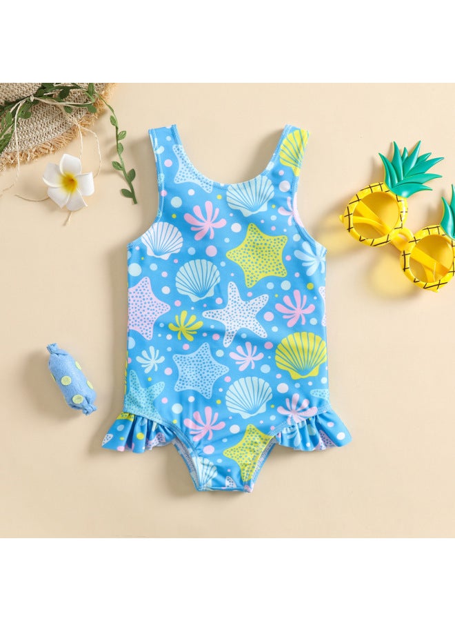إسكدنيا ملابس سباحة للأطفال ملابس سباحة نسائية بطبعة صدفة فتاة طفلة ملتصقة مجموعة ربيع حار شاطئ ملابس سباحة واقية من الشمس بالجملة-اللون: أزرق- - Image 2