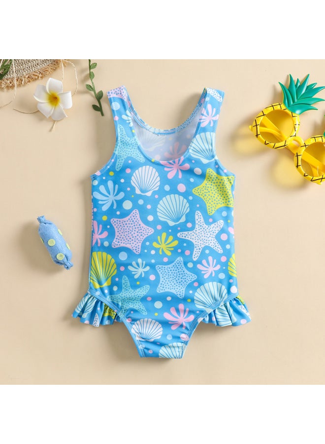 إسكدنيا ملابس سباحة للأطفال ملابس سباحة نسائية بطبعة صدفة فتاة طفلة ملتصقة مجموعة ربيع حار شاطئ ملابس سباحة واقية من الشمس بالجملة-اللون: أزرق- - Image 1