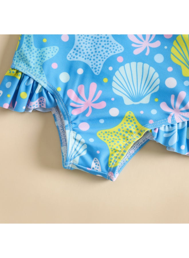 إسكدنيا ملابس سباحة للأطفال ملابس سباحة نسائية بطبعة صدفة فتاة طفلة ملتصقة مجموعة ربيع حار شاطئ ملابس سباحة واقية من الشمس بالجملة-اللون: أزرق- - Image 4