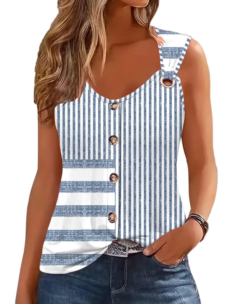 SAUKOLE Summer Tank Tops for Women Casual Sleeveless O Ring Shoulder Shirts Loose Cute Printed Button Blouse - Image 1