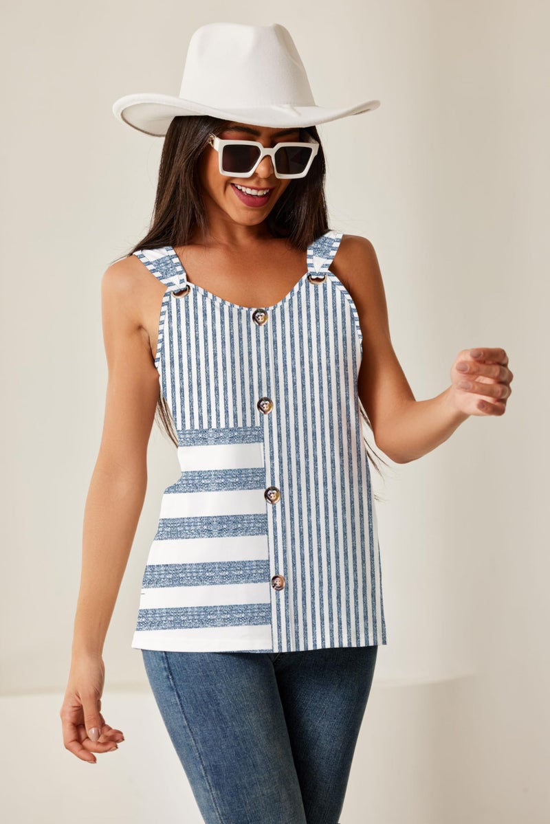 SAUKOLE Summer Tank Tops for Women Casual Sleeveless O Ring Shoulder Shirts Loose Cute Printed Button Blouse - Image 2