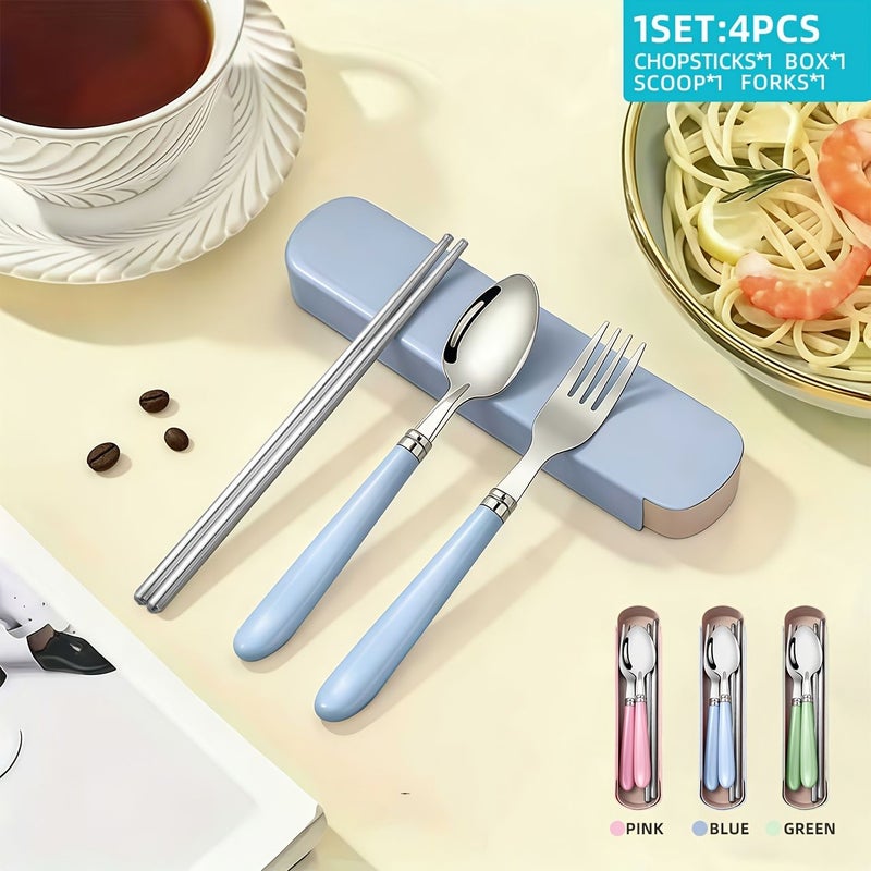 Sky Blue Portable Reusable Stainless Steel Flatware Set Travel Utensils with Storage Box for Camping Picnic Office - Image 1