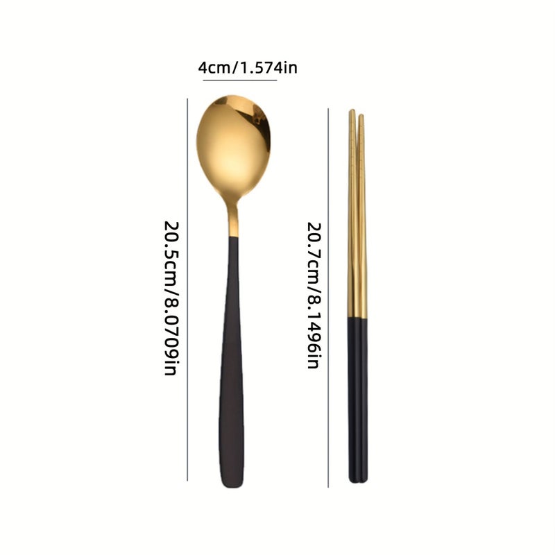 2pcs Black Silvery Spoon and Chopsticks Glossy Finish Cutlery Set for Dining Outdoor Picnic Camping - Image 3