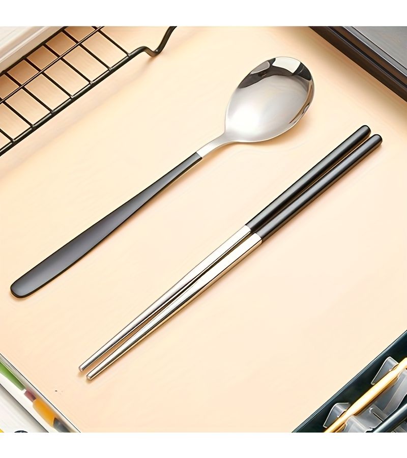2pcs Black Silvery Spoon and Chopsticks Glossy Finish Cutlery Set for Dining Outdoor Picnic Camping - Image 2