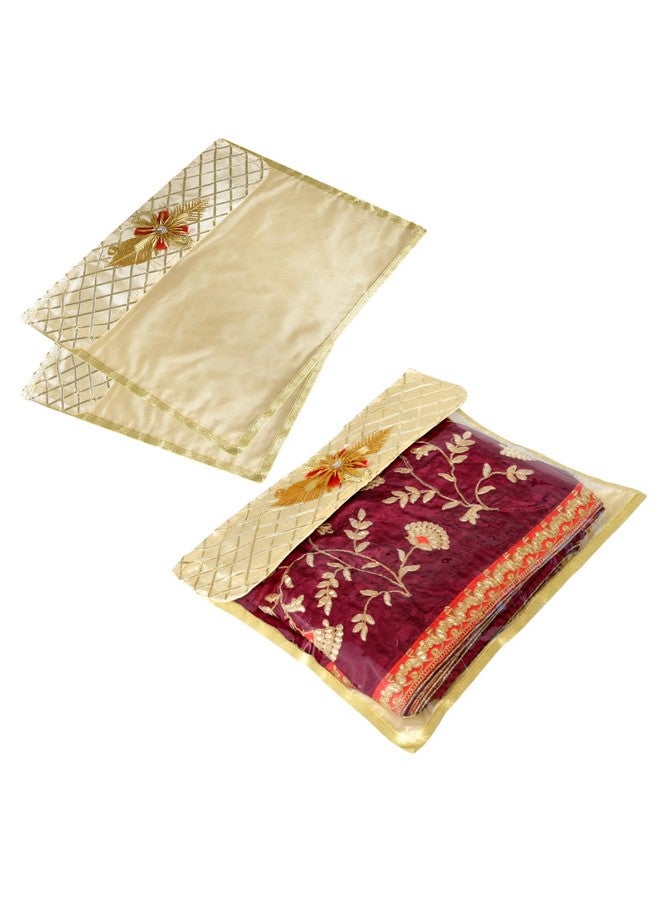 Kuber Industries Saree Cover | Clothes Storage Bag | Single Packing Saree with Velcro | Wardrobe Organizer | Cloth Stoarge Organizer | Check Jama Brooch-Design | Pack of 3 | Golden - Image 1