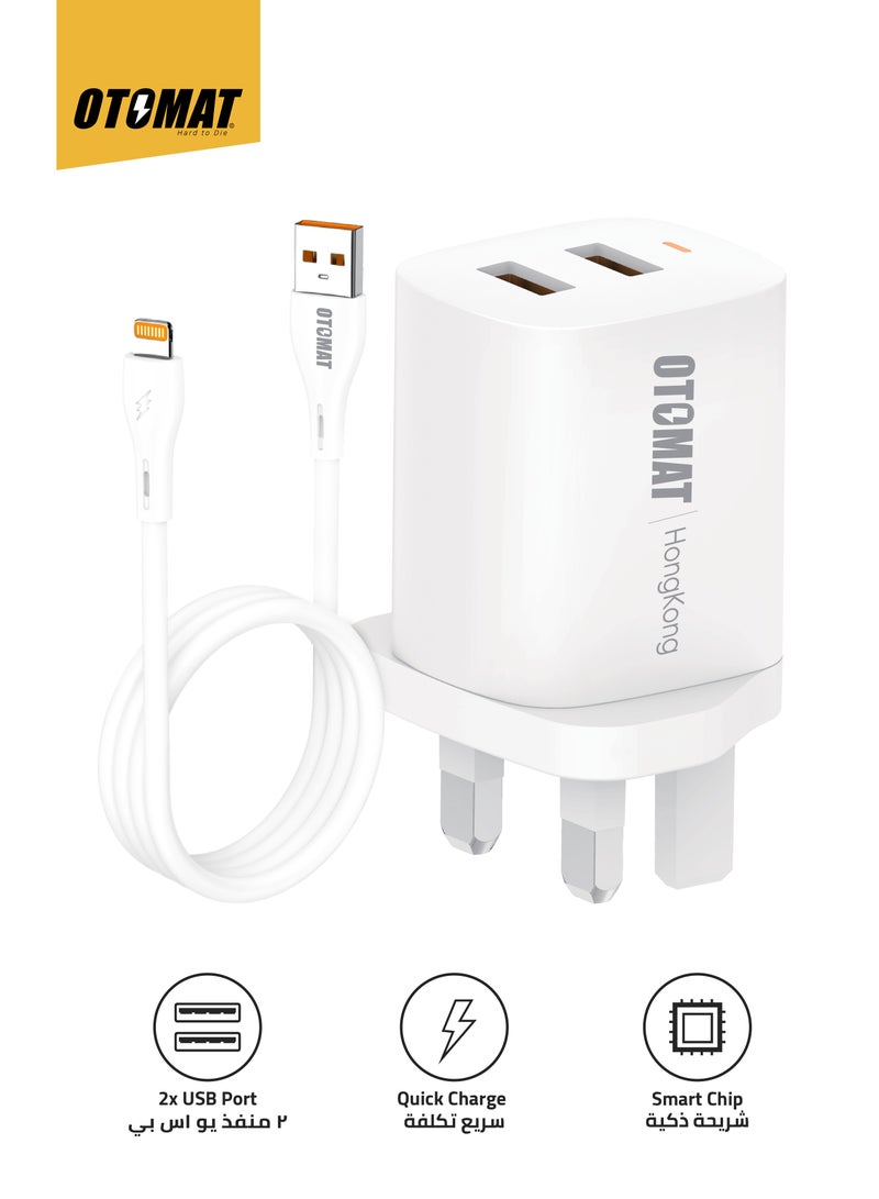 OTOMAT Dual USB 2.4A Fast Charger with USB to Lightning Cable – Charge Two Devices Simultaneously, iPhone Charger, Android Charger, Mobile Charger, Power Bank – Durable Nylon, Black - Image 1