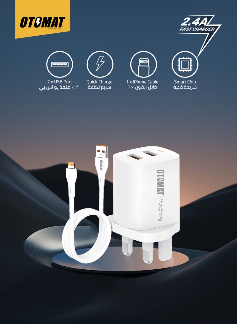 OTOMAT Dual USB 2.4A Fast Charger with USB to Lightning Cable – Charge Two Devices Simultaneously, iPhone Charger, Android Charger, Mobile Charger, Power Bank – Durable Nylon, Black - Image 2