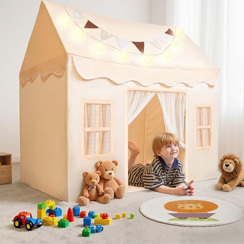 SYNCFUN Play Tent for KidsIndoor Outdoor Tent with BlanketLED Lights Flags for ToddlerSpacious 513552 InchPlayhouse for KidsIdeal Private Space for Reading Play for Boys Girls Age 37 - Image 1