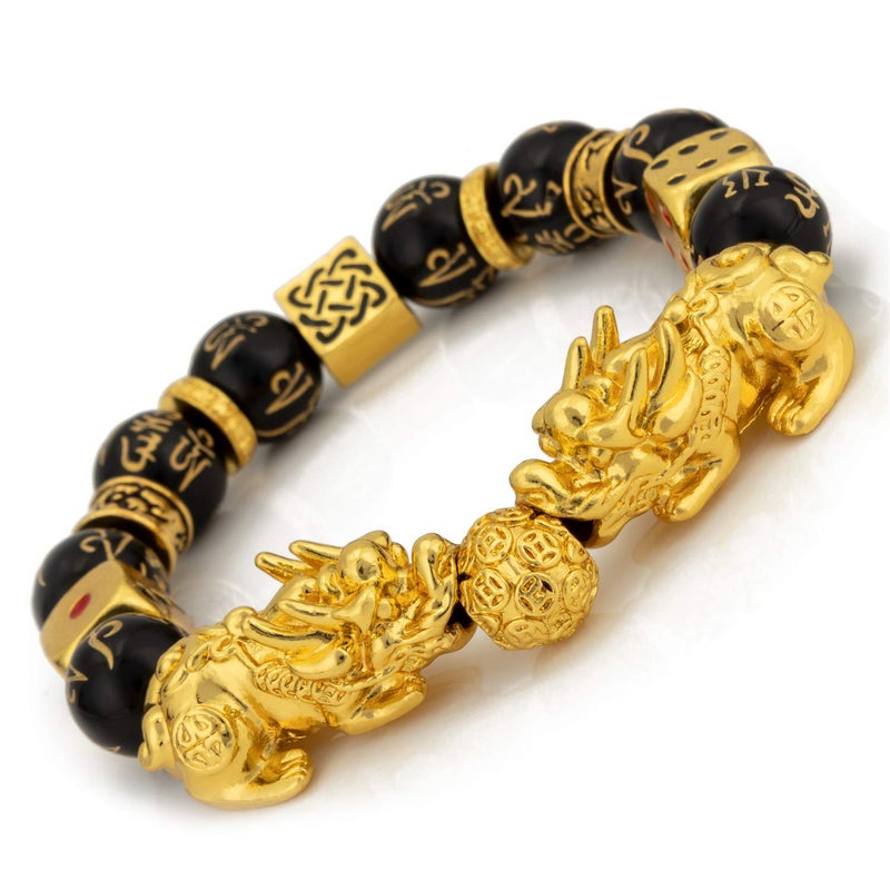 ZenBless Feng Shui Black Obsidian Bracelet Pixiu Bracelet for Women Men Prosperity Double Pi Xiu/Pi Yao Black Mantra Bead Bracelet with Golden Dice Attract Wealth and Good Luck - Image 1