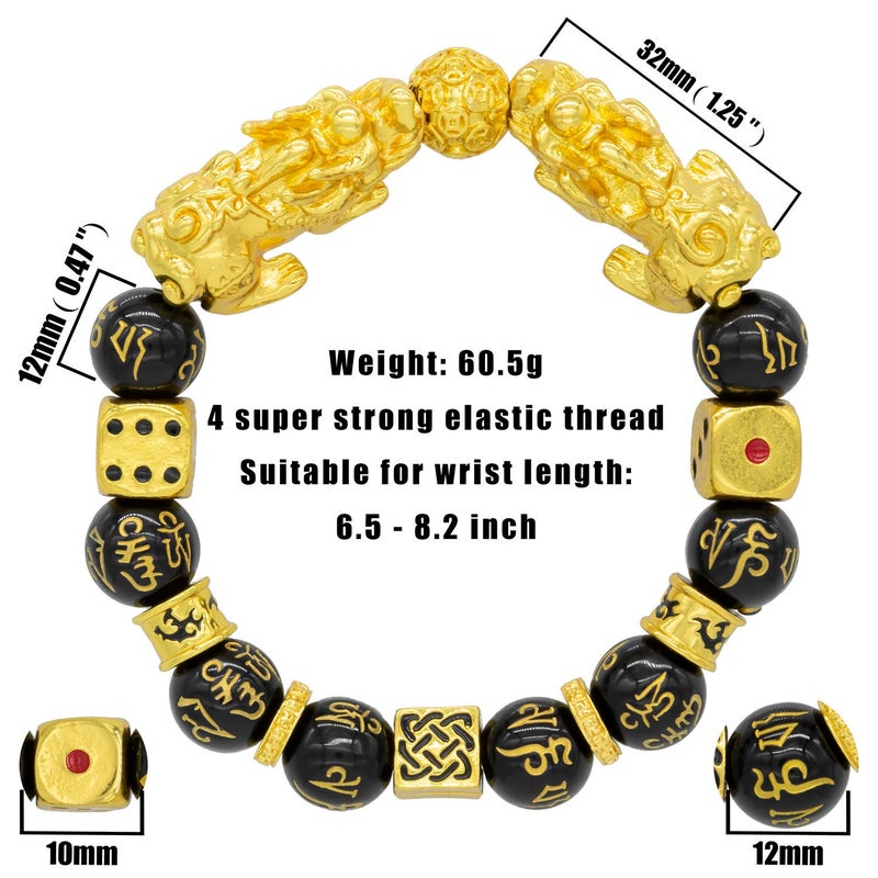 ZenBless Feng Shui Black Obsidian Bracelet Pixiu Bracelet for Women Men Prosperity Double Pi Xiu/Pi Yao Black Mantra Bead Bracelet with Golden Dice Attract Wealth and Good Luck - Image 2