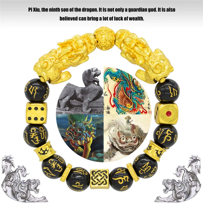 ZenBless Feng Shui Black Obsidian Bracelet Pixiu Bracelet for Women Men Prosperity Double Pi Xiu/Pi Yao Black Mantra Bead Bracelet with Golden Dice Attract Wealth and Good Luck - Image 3