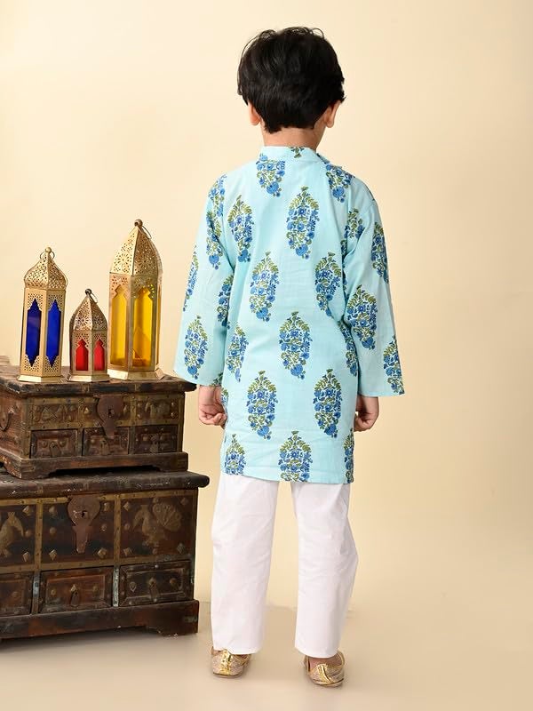 superminis Boys Cotton Full Sleeves Side Open Sanganeri Printed Kurta With Pyjama Set (6-12 Months, Blue) - Image 3