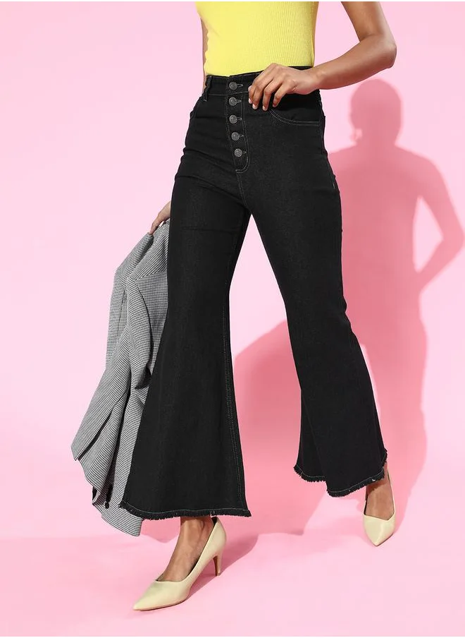 SASSAFRAS High Rise Button Detail Bell Bottom Jeans by Styli