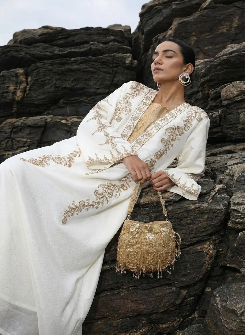 ISHIN Cream Floral Zari Embroidered Brocade Abaya