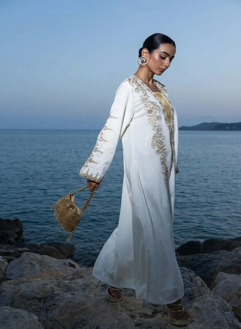 ISHIN Cream Floral Zari Embroidered Brocade Abaya