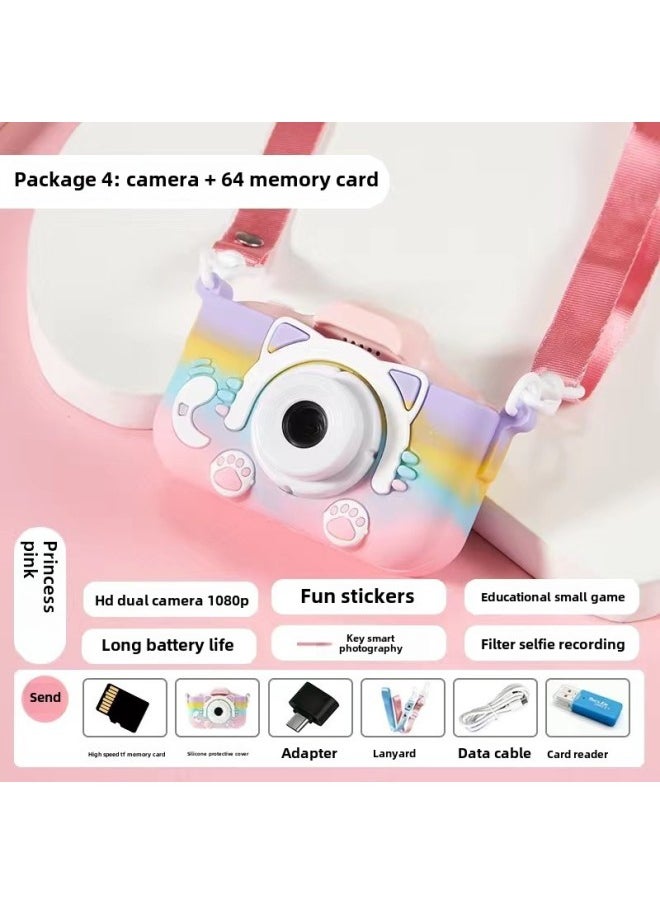 Children's Camera Can Take Pictures And Video Rainbow Cat Small SLR Camera Toy Children's June 1 Children's Day Gift-Color: Hd Dual Camera 9600w+64g Memory Card Set  - Image 1