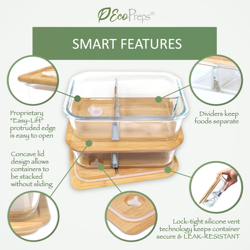 EcoPreps Large Glass Bento Box Containers with Bamboo Lids, 3 Compartment Glass Meal Prep Container Set (2 Pack, XL) - 100% Plastic Free, Eco-Friendly Lunch Containers, Bento Boxes for Adults - Image 4