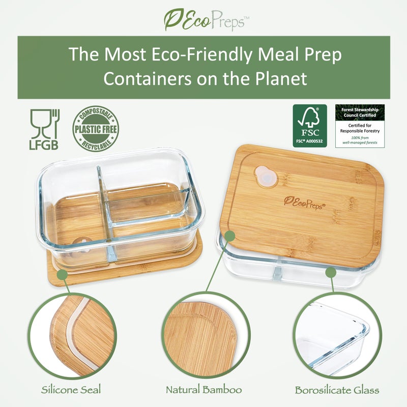 EcoPreps Large Glass Bento Box Containers with Bamboo Lids, 3 Compartment Glass Meal Prep Container Set (2 Pack, XL) - 100% Plastic Free, Eco-Friendly Lunch Containers, Bento Boxes for Adults - Image 2