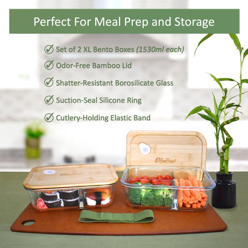 EcoPreps Large Glass Bento Box Containers with Bamboo Lids, 3 Compartment Glass Meal Prep Container Set (2 Pack, XL) - 100% Plastic Free, Eco-Friendly Lunch Containers, Bento Boxes for Adults - Image 3