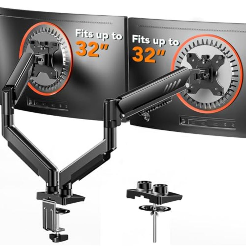 Dual Monitor Stand for office use, aluminum alloy, black, full adjustability and tool-free VESA mount - Image 1