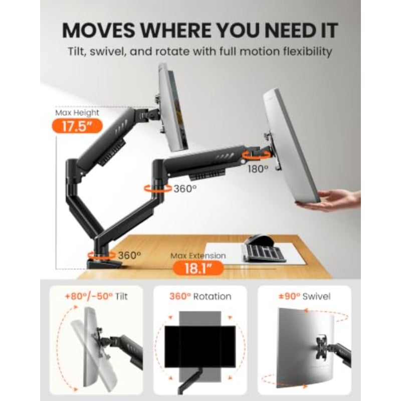 Dual Monitor Stand for office use, aluminum alloy, black, full adjustability and tool-free VESA mount - Image 4