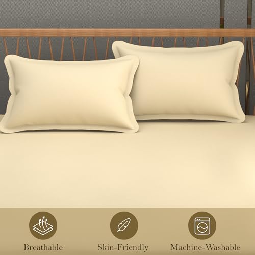 FRESH FROM LOOM طقم ملاءات سرير مقاس كوين من Loom - 240 TC، نسيج صلب سادة، مضاد للحساسية، يشمل 2 أغطية وسادة (المقاس- 90x95 بوصة | عاجي | صلب) - Image 2