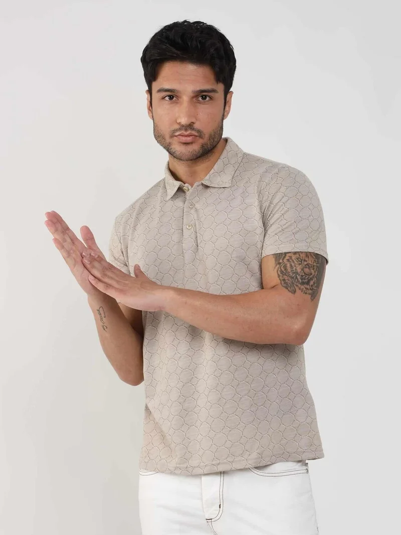 Dufy Beige Men's Slim Fit Jacquard Polo Neck Tshirt - 105234