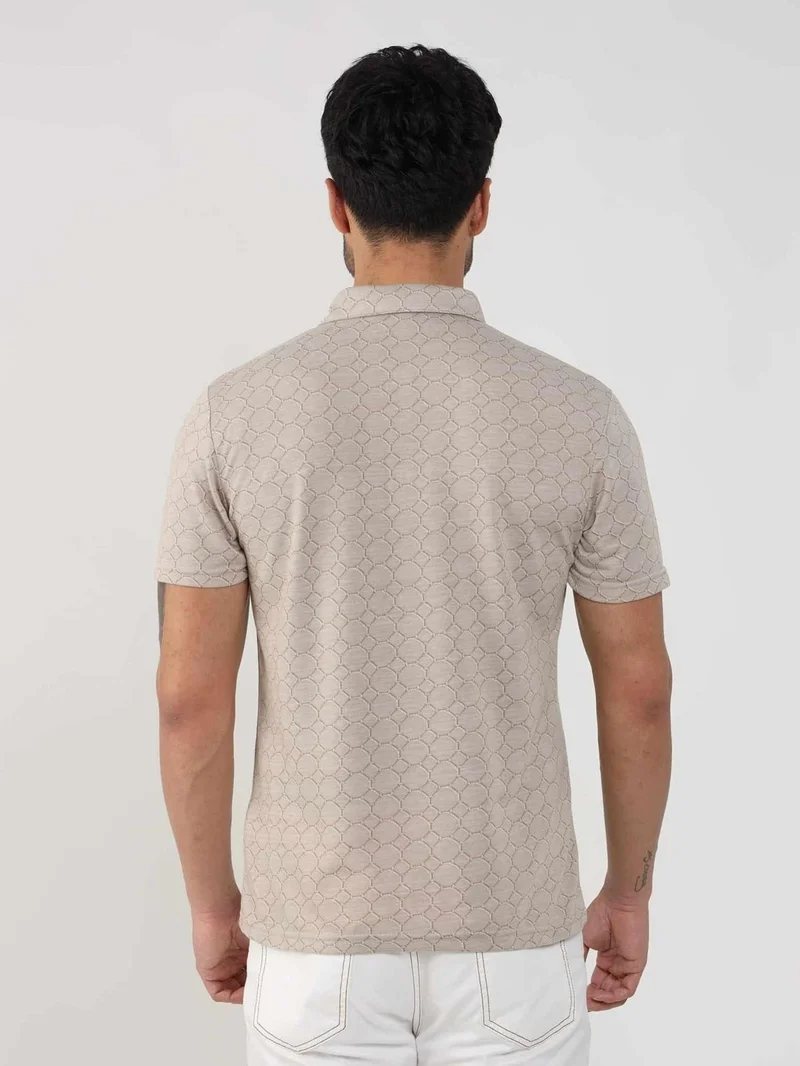 Dufy Beige Men's Slim Fit Jacquard Polo Neck Tshirt - 105234