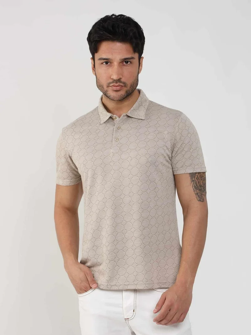 Dufy Beige Men's Slim Fit Jacquard Polo Neck Tshirt - 105234