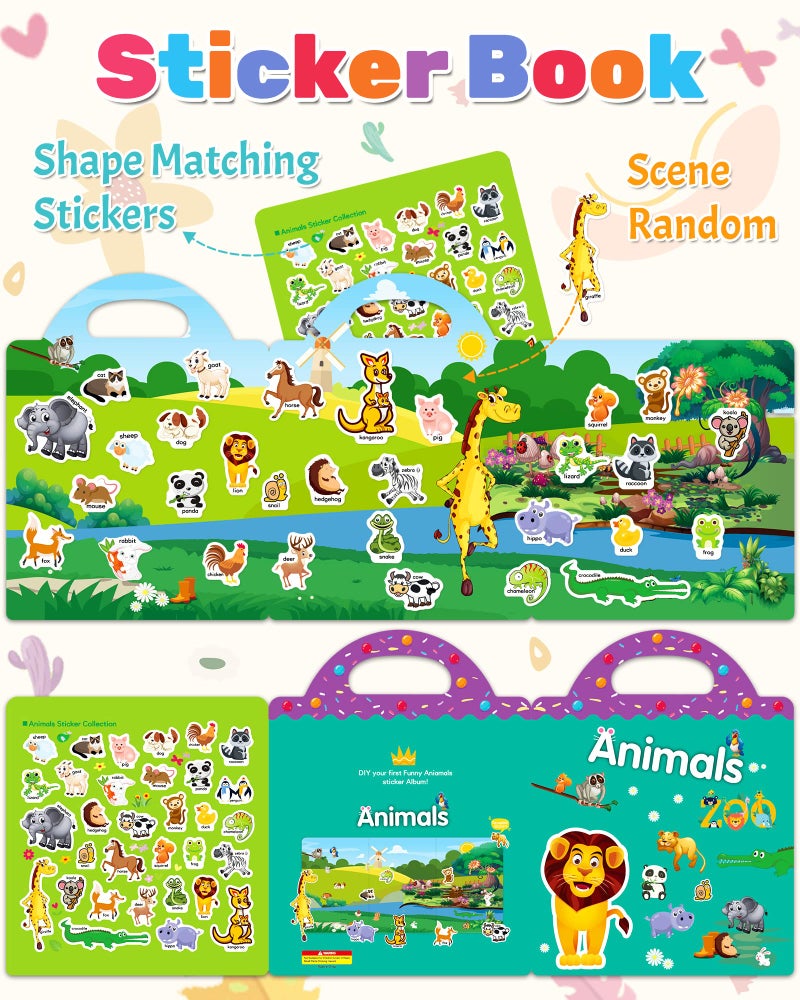 Benresive Reusable Sticker Book for Toddlers 2-4 Years, Fun Travel Stickers for Kids, Waterproof Sticker Books for Toddlers 1-3, Crafts Activities for Todddlers 1-3 2-4 3-5 - Animals Zoo - Image 2