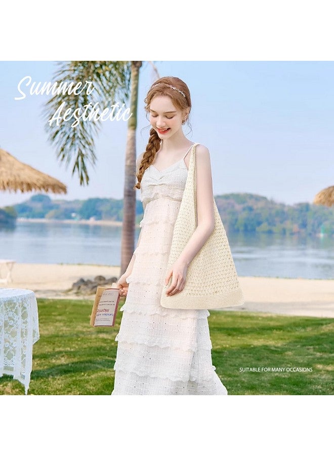 hatisan Crochet Bags for Women Summer Beach Tote Bag Aesthetic Tote Bag Hippie Bag Knit Bag (Beige) - Image 4