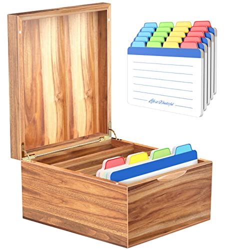 Neando 5x8 Index Card Organizer with Lid – Extra Large Acacia Wood Storage Box with 4 Compartments, 20 Blank Tabs, Holds 600 Cards – File Box for Recipes, Projects, School Notes & Office Organization - Image 1