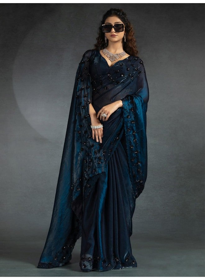 saree mall ساري مول ساري حرير ساتان أزرق مزين بالخرز مع قطعة بلوزة غير مخيطة (MORPNKH1099A_MK) - Image 3