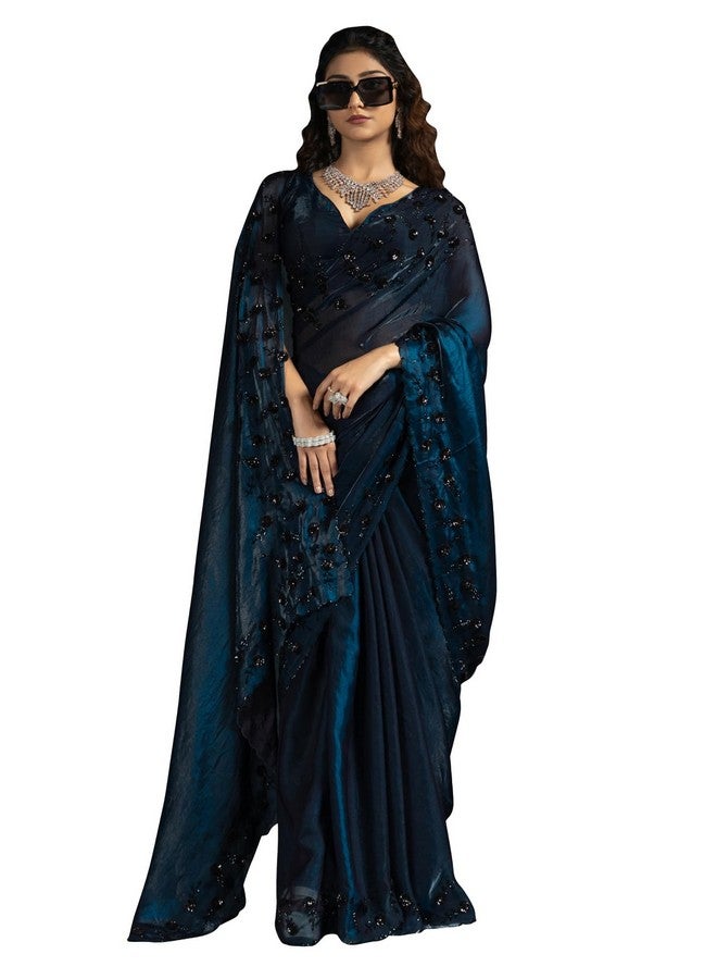 saree mall ساري مول ساري حرير ساتان أزرق مزين بالخرز مع قطعة بلوزة غير مخيطة (MORPNKH1099A_MK) - Image 1