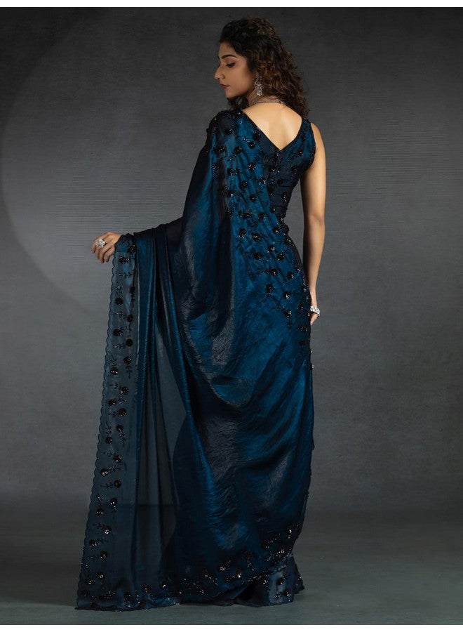 saree mall ساري مول ساري حرير ساتان أزرق مزين بالخرز مع قطعة بلوزة غير مخيطة (MORPNKH1099A_MK) - Image 2