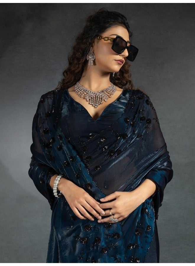 saree mall ساري مول ساري حرير ساتان أزرق مزين بالخرز مع قطعة بلوزة غير مخيطة (MORPNKH1099A_MK) - Image 5