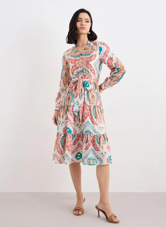 Styli Styli Printed Mandarin Collar Tiered Midi Dress