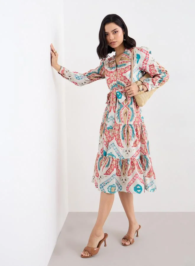 Styli Styli Printed Mandarin Collar Tiered Midi Dress