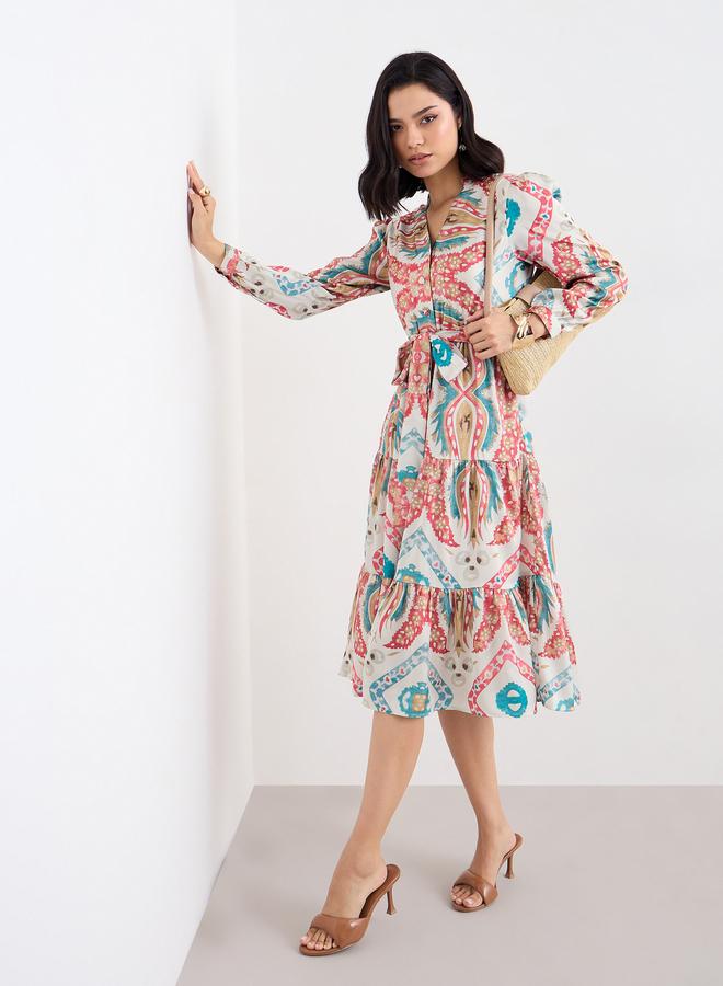 Styli All Over Print Tiered Midi Dress - Image 1