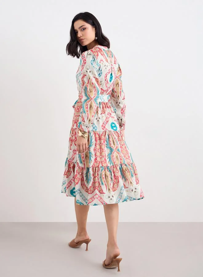 Styli Styli Printed Mandarin Collar Tiered Midi Dress